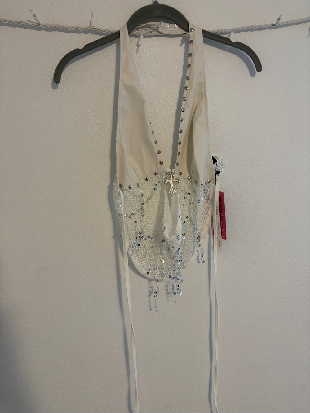 ROMWE Cream Halter Crop Top with Beaded Fringe
